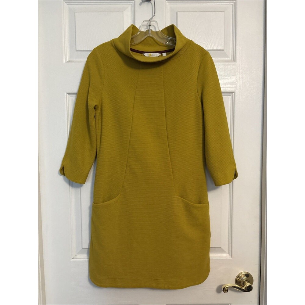 Boden Mustard Yellow Ottoman Ponte Shift Dress Funnel Neck Pockets Retro, Sz 4